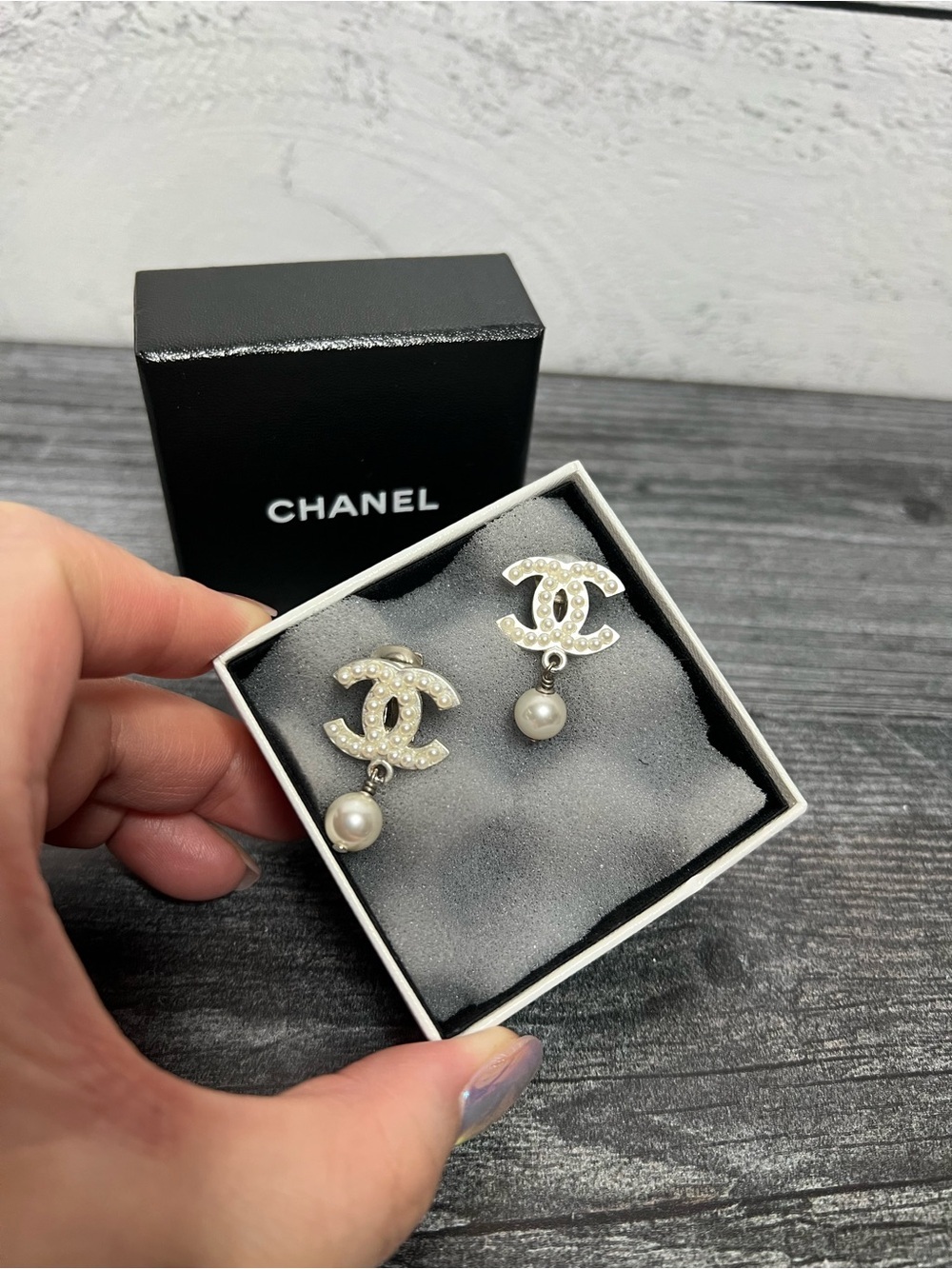 CHANEL Silver Pearl CC Logo Clip On Earrings with Pearl Drops with COA